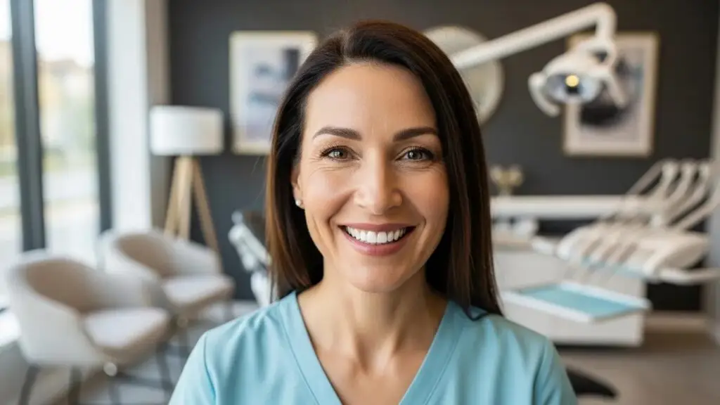 Smiling patient in a dental clinic after receiving dental implants